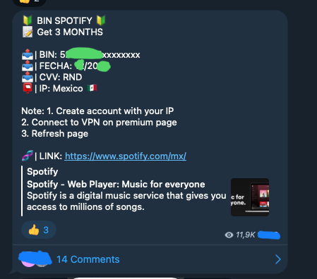 Telegram channel message with instructions on how to get Spotify Premium using autogenerated cards