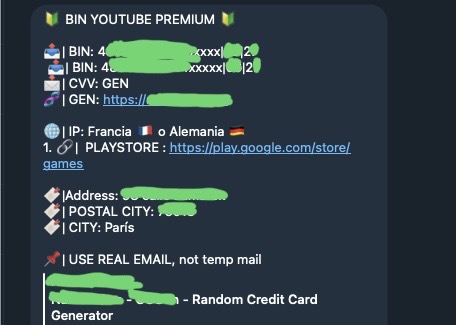 Telegram channel message with instructions on how to get YouTube premium using autogenerated cards