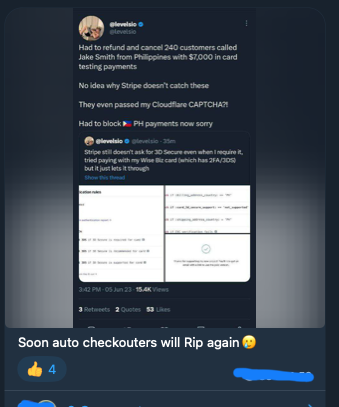 Telegram channel message with @levelsio screenshot in it stating disappointment that Stripe would soon kill autocheckouters
